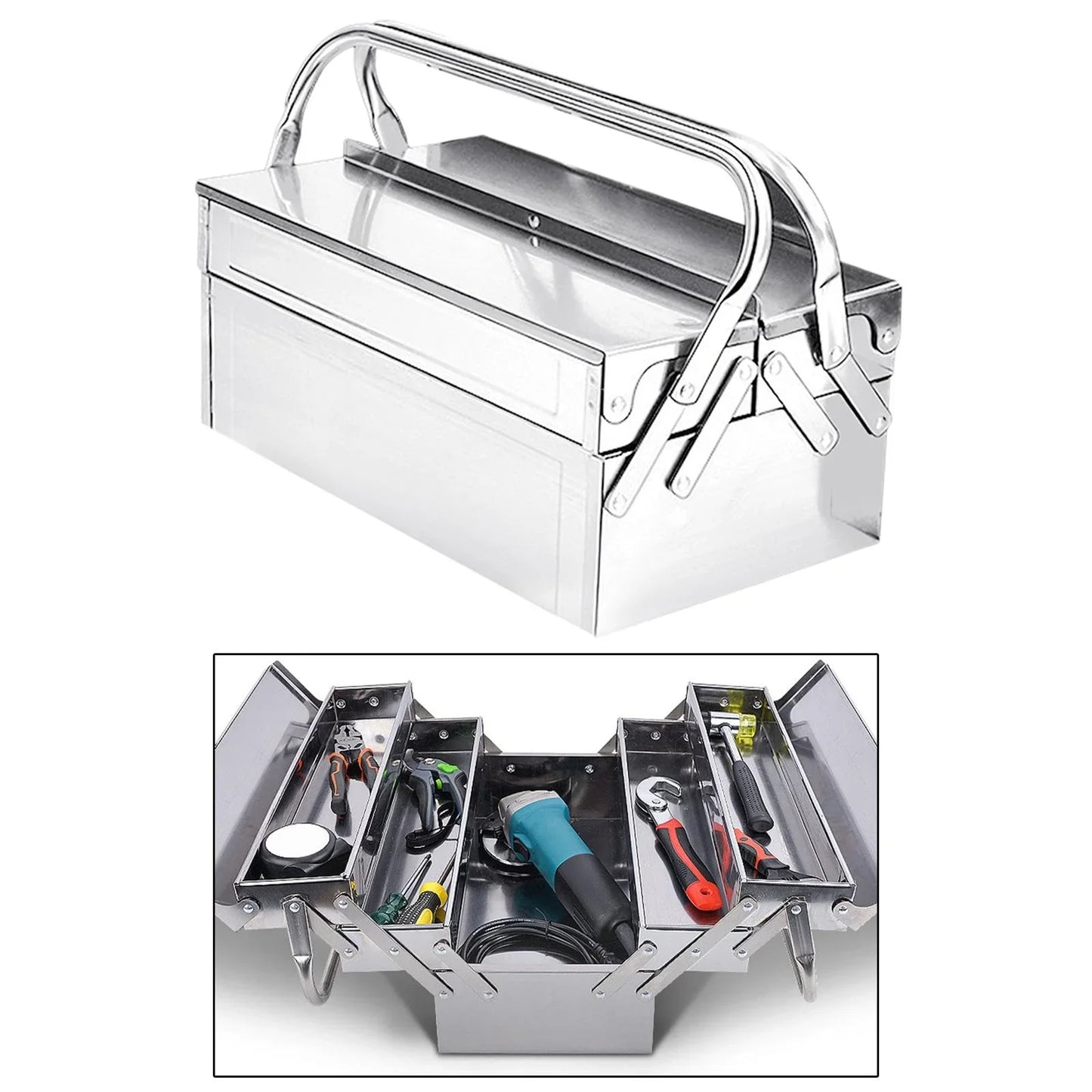 Boîte à outils en acier inoxydable avec compartiments extensibles